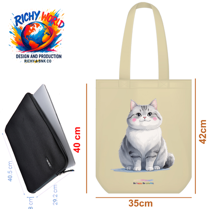 Silver Smiley Cat Tote Bag (White, Black, Beige) – Eco Canvas