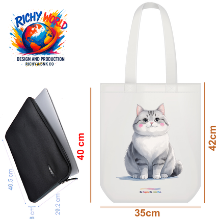 Silver Smiley Cat Tote Bag (White, Black, Beige) – Eco Canvas
