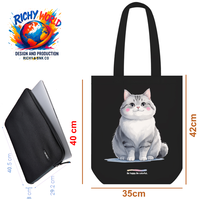 Silver Smiley Cat Tote Bag (White, Black, Beige) – Eco Canvas