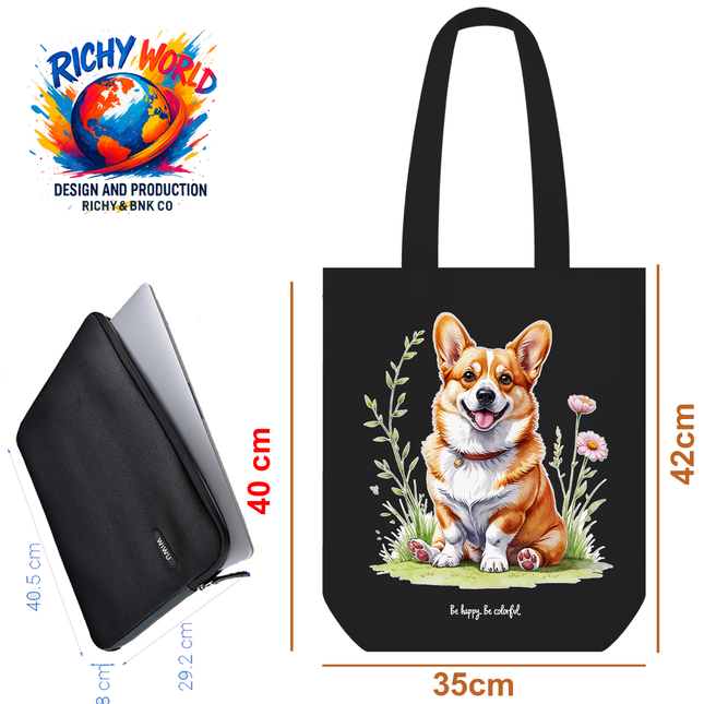 Corgi in Bloom style 1 - Dog Tote Bag - Eco Canvas
