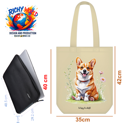 Corgi in Bloom style 1 - Dog Tote Bag - Eco Canvas