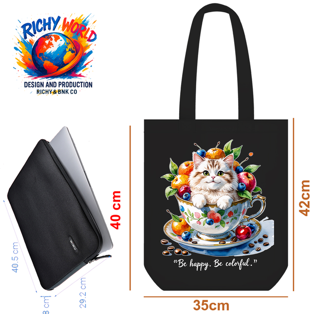 Joyful Cup Cat Tote Bag – Eco Canvas