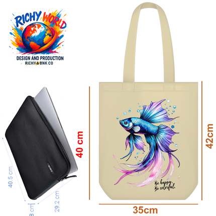 Blue Beta - Fish Tote Bag (Black, White, Beige) – Eco Canvas