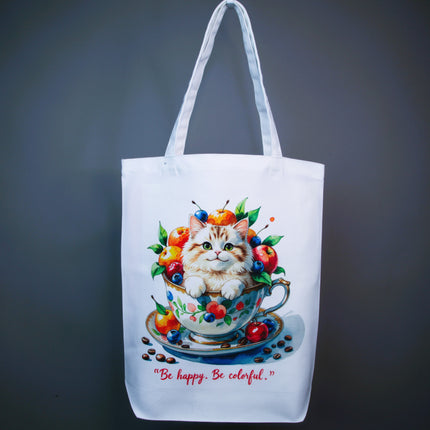 Joyful Cup Cat Tote Bag – Eco Canvas