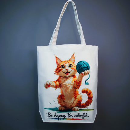 Happy Kitty & Yarn Cat Tote Bag (White, Black, Beige) – Eco Canvas