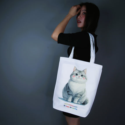 Silver Smiley Cat Tote Bag (White, Black, Beige) – Eco Canvas