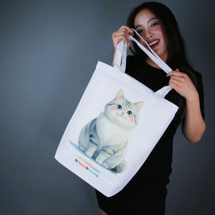 Silver Smiley Cat Tote Bag (White, Black, Beige) – Eco Canvas