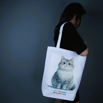 Silver Smiley Cat Tote Bag (White, Black, Beige) – Eco Canvas