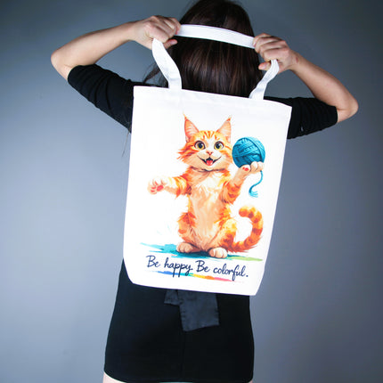 Happy Kitty & Yarn Cat Tote Bag (White, Black, Beige) – Eco Canvas