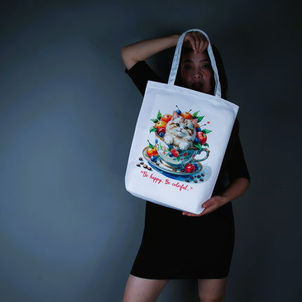 Joyful Cup Cat Tote Bag – Eco Canvas